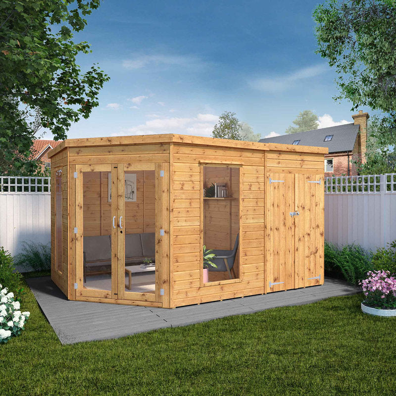 Adley 12' x 8' Chelsea Deluxe Corner Summer House With Side Shed | Sheds.co.uk