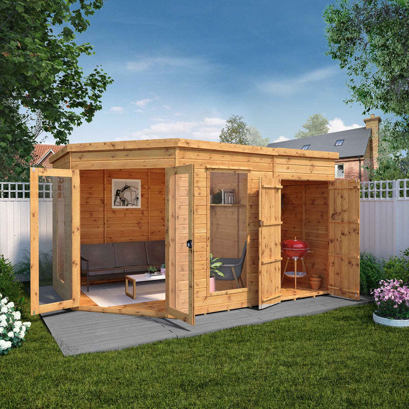 Adley 12' x 8' Chelsea Deluxe Corner Summer House With Side Shed | Sheds.co.uk