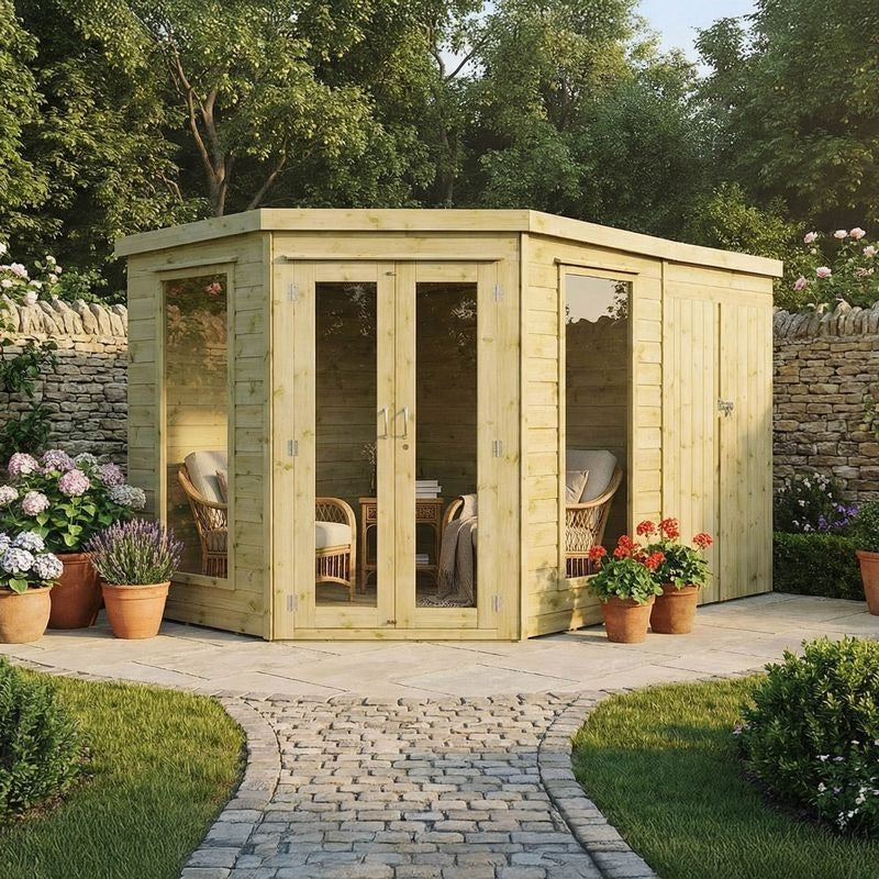 Adley 11' x 7' Chelsea Deluxe Corner Summer House With Side Shed | Sheds.co.uk