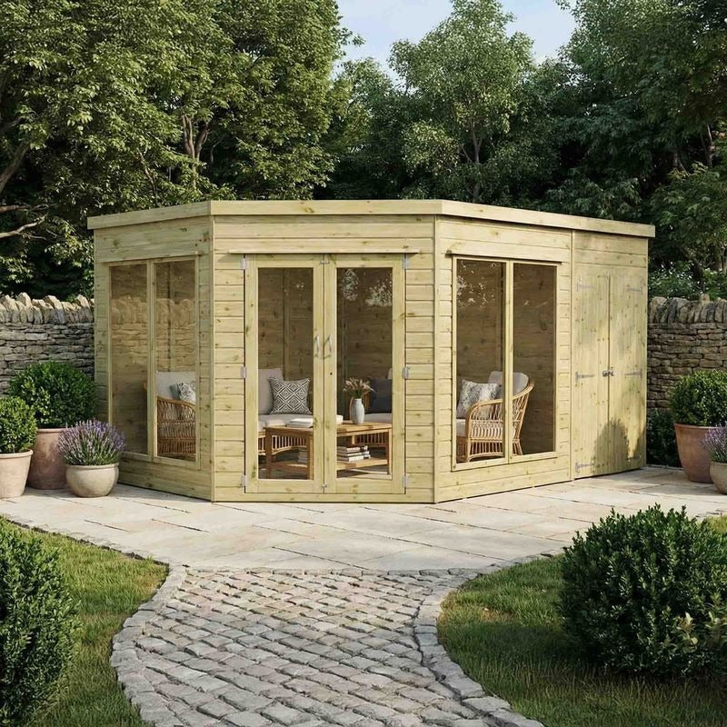 Adley 13' x 9' Chelsea Deluxe Corner Summer House With Side Shed | Sheds.co.uk