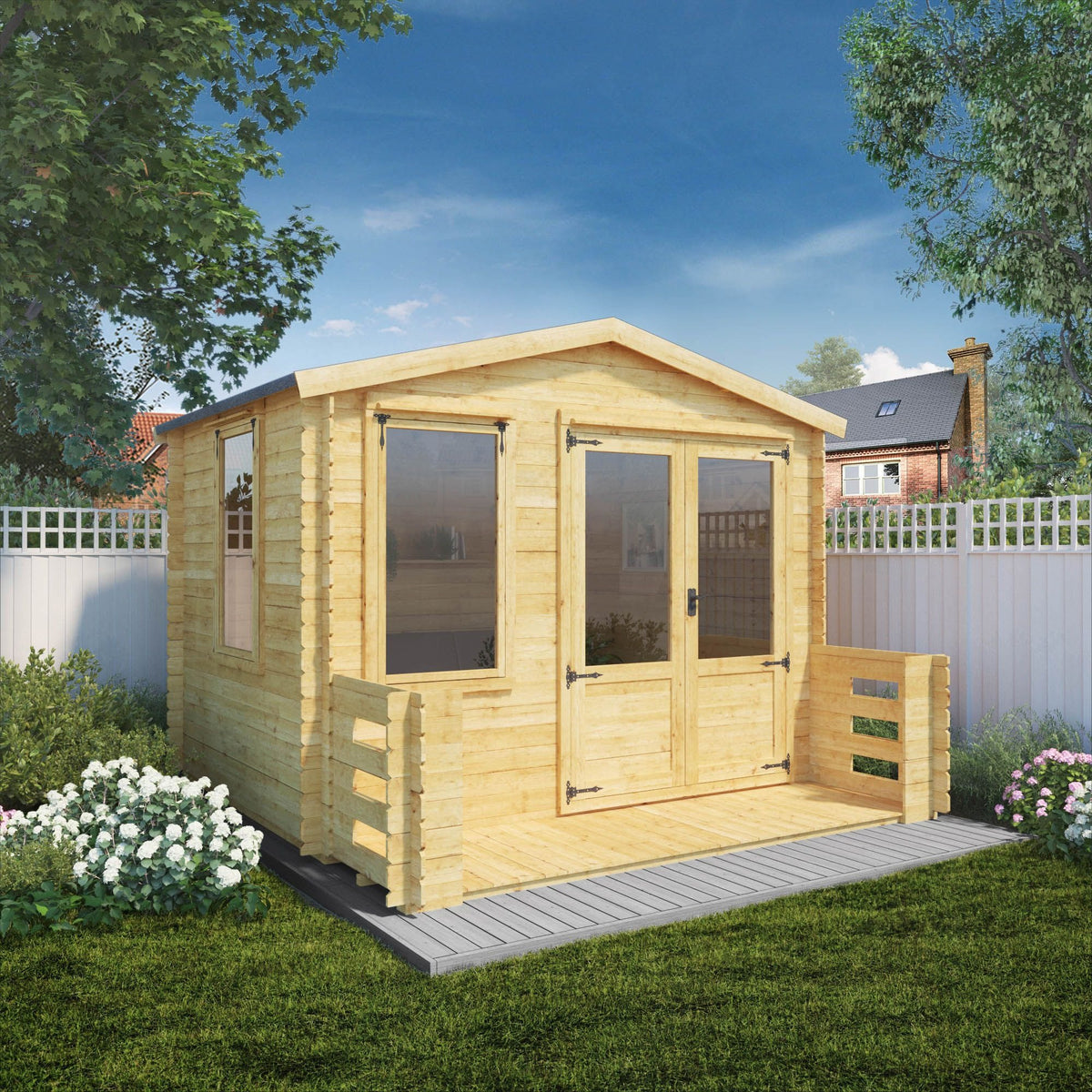 Adley 3.3m x 3.4m Newhaven Log Cabin with Veranda - 19mm | Sheds.co.uk