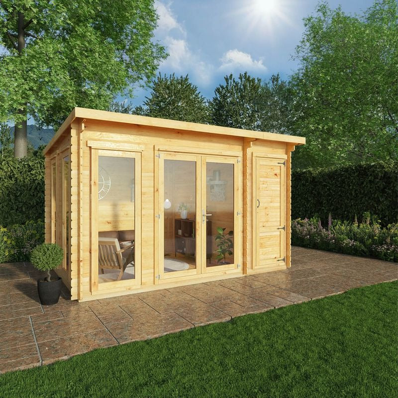 Adley 4.1m x 3m Alpha Pent Log Cabin With Side Shed - 28mm | Sheds.co.uk