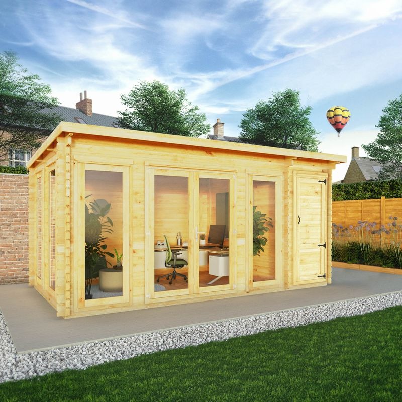 Adley 5.1m x 3m Alpha Pent Log Cabin With Side Shed - 28mm | Sheds.co.uk