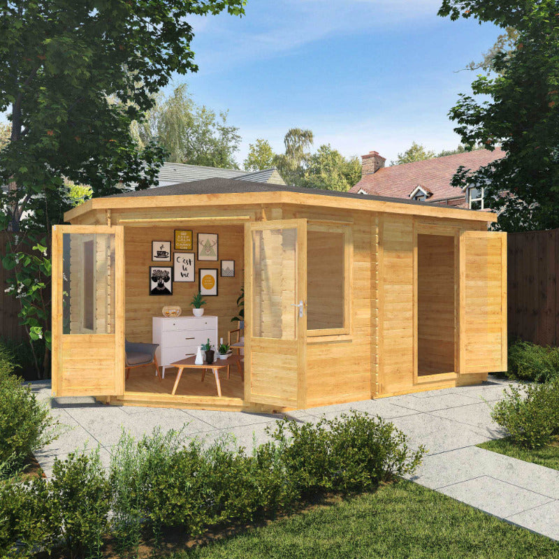 Adley 5m x 3m Dorchester Corner Log Cabin With Side Shed - 28mm | Sheds.co.uk