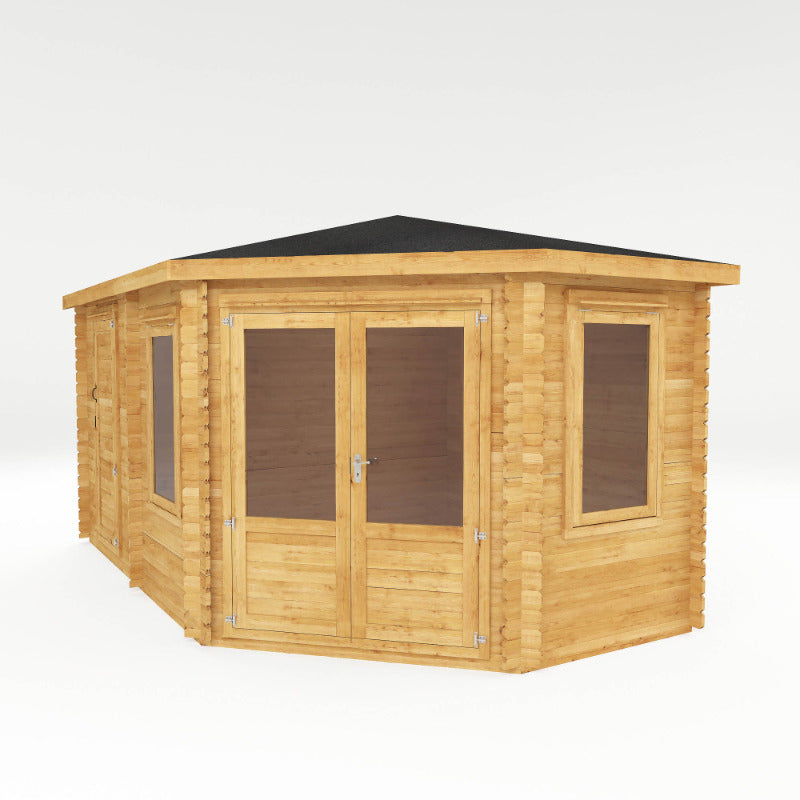 Adley 5m x 3m Dorchester Corner Log Cabin With Side Shed - 28mm | Sheds.co.uk