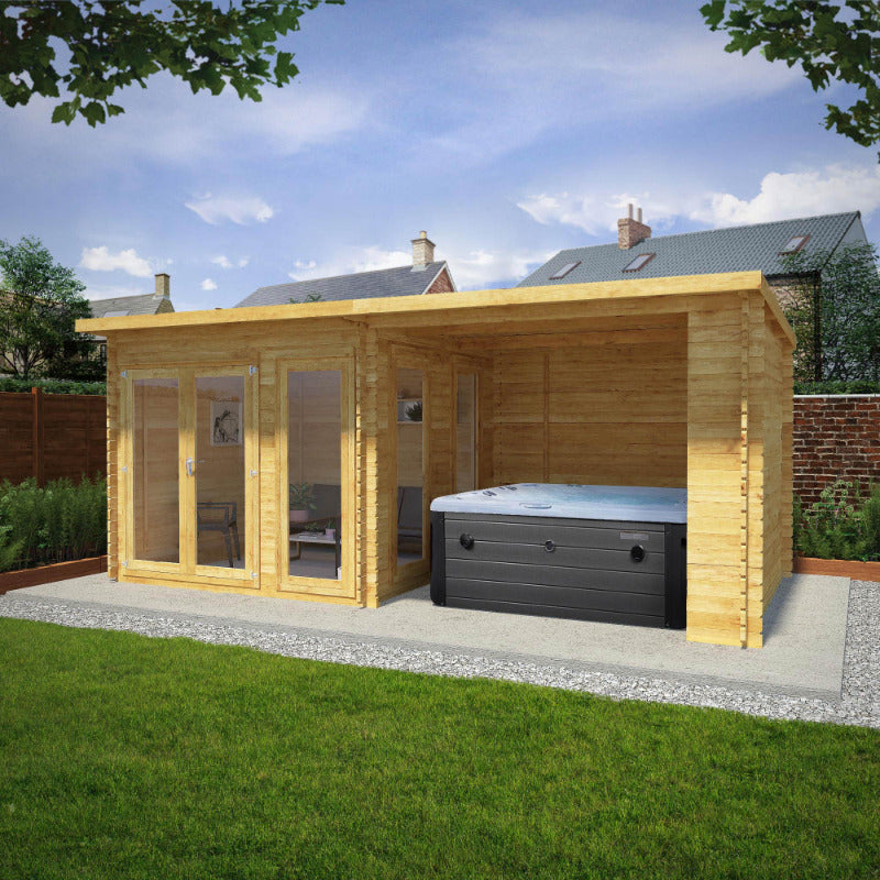 Adley 6m x 3m Alpha Log Cabin With Outdoor Area- 28mm | Sheds.co.uk