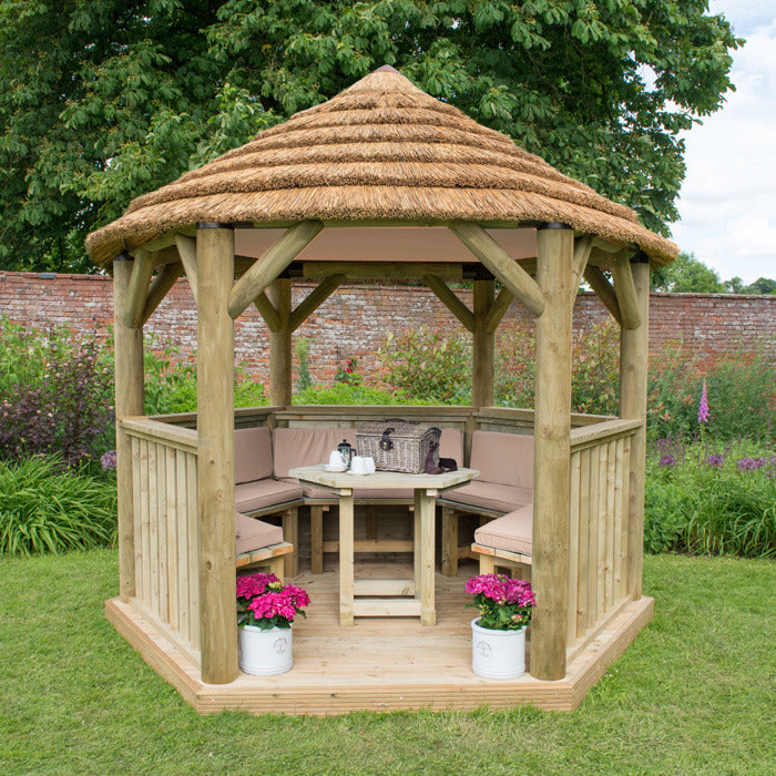 Hartwood 3m Premium Hexagonal Gazebo With Country Thatch Roof & Lining | Sheds.co.uk