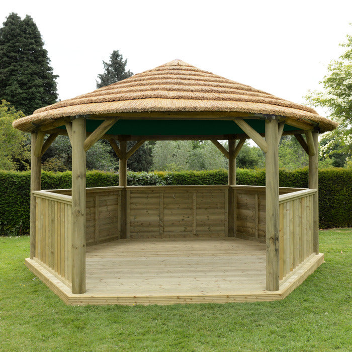 Hartwood 4.7m Premium Hexagonal Gazebo With Country Thatch Roof & Lining | Sheds.co.uk