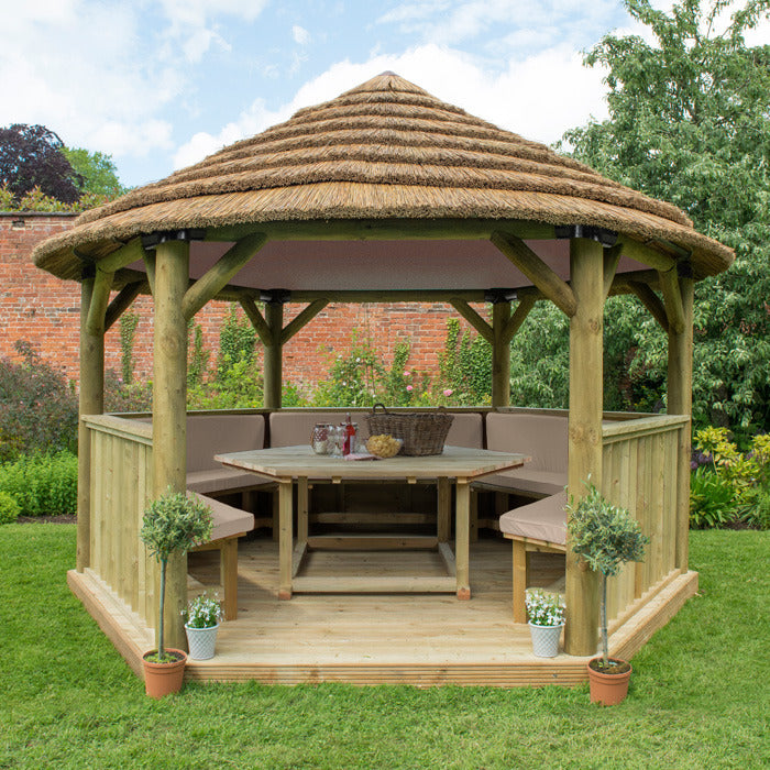 Hartwood 4m Premium Hexagonal Gazebo With Country Thatch Roof & Lining | Sheds.co.uk