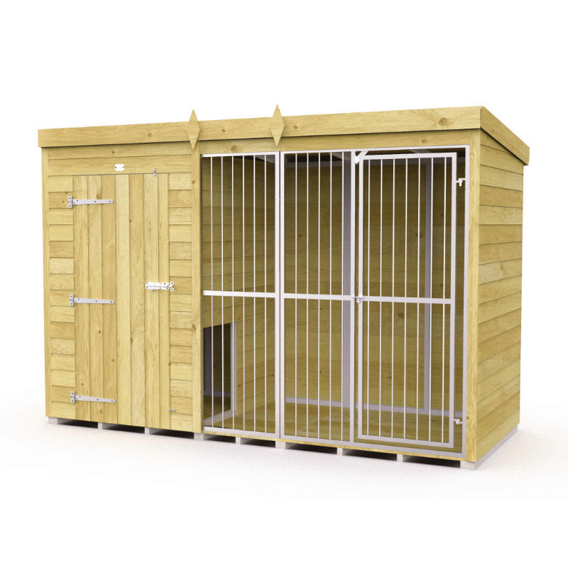 Holt 10' x 4' Pressure Treated Shiplap Full Height Dog Kennel And Run With Bars | Sheds.co.uk