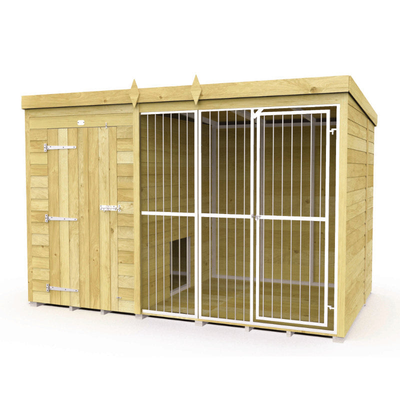 Holt 10' x 6' Pressure Treated Shiplap Full Height Dog Kennel And Run With Bars | Sheds.co.uk