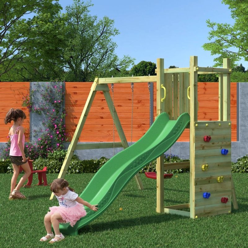Loxley 11' x 9' Climbing Frame Rock Wall With Double Swing & Slide | Sheds.co.uk