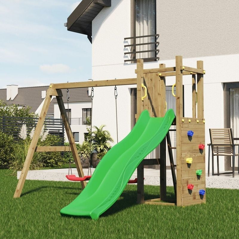 Loxley 11' x 9' Climbing Frame Rock Wall With Double Swing & Slide | Sheds.co.uk
