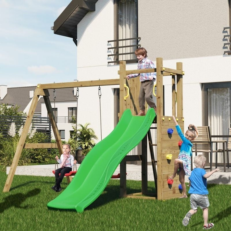 Loxley 11' x 9' Climbing Frame Rock Wall With Double Swing & Slide | Sheds.co.uk