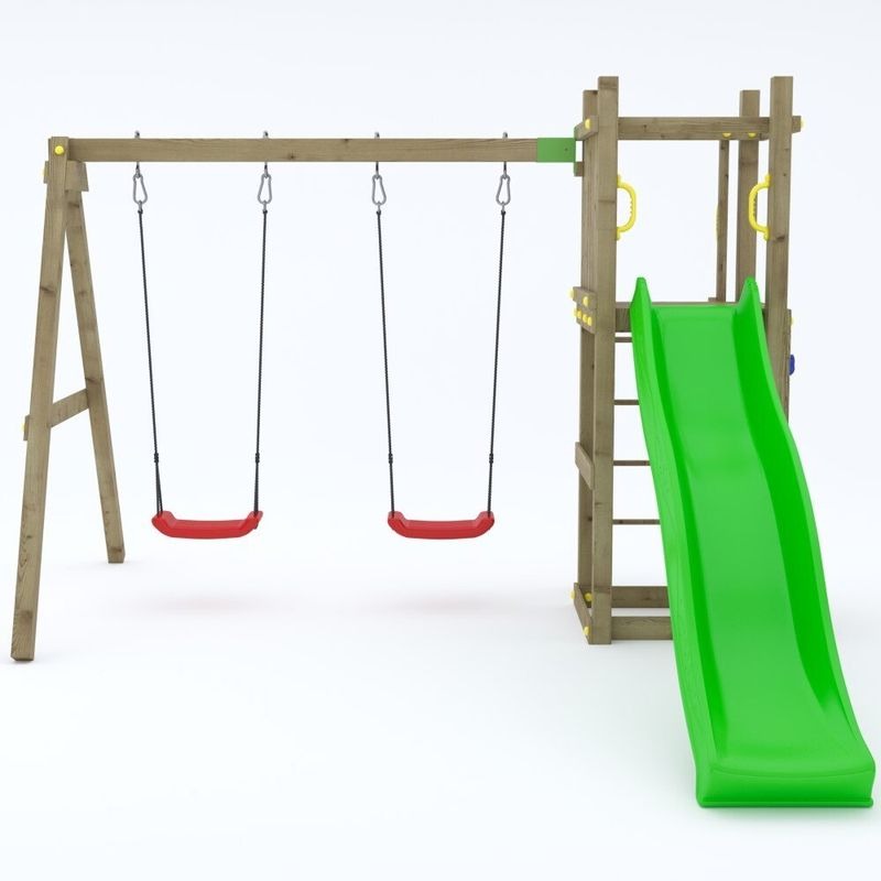 Loxley 11' x 9' Climbing Frame Rock Wall With Double Swing & Slide | Sheds.co.uk