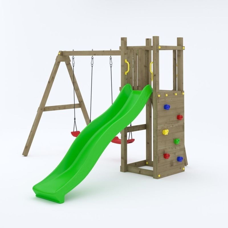 Loxley 11' x 9' Climbing Frame Rock Wall With Double Swing & Slide | Sheds.co.uk