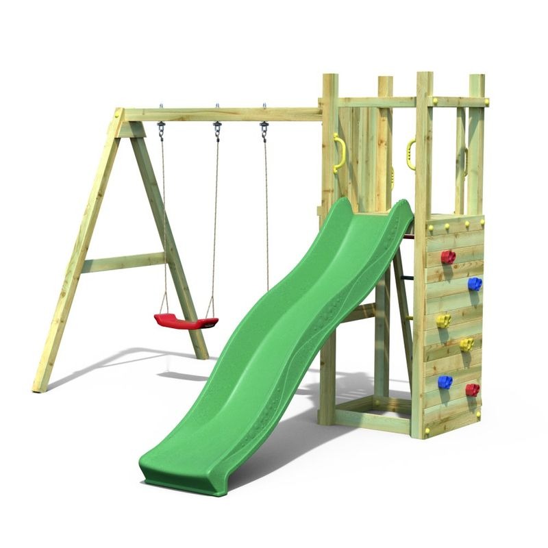 Loxley 11' x 9' Climbing Frame Rock Wall With Double Swing & Slide | Sheds.co.uk