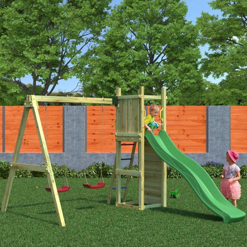 Loxley 11' x 9' Climbing Frame Rock Wall With Double Swing & Slide | Sheds.co.uk