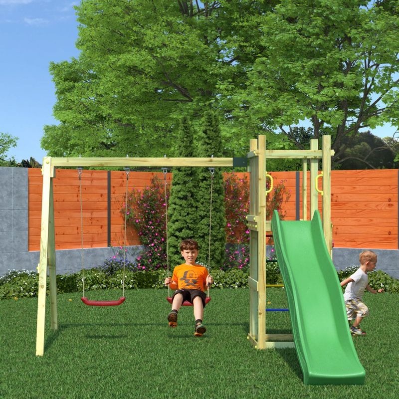 Loxley 11' x 9' Climbing Frame Rock Wall With Double Swing & Slide | Sheds.co.uk