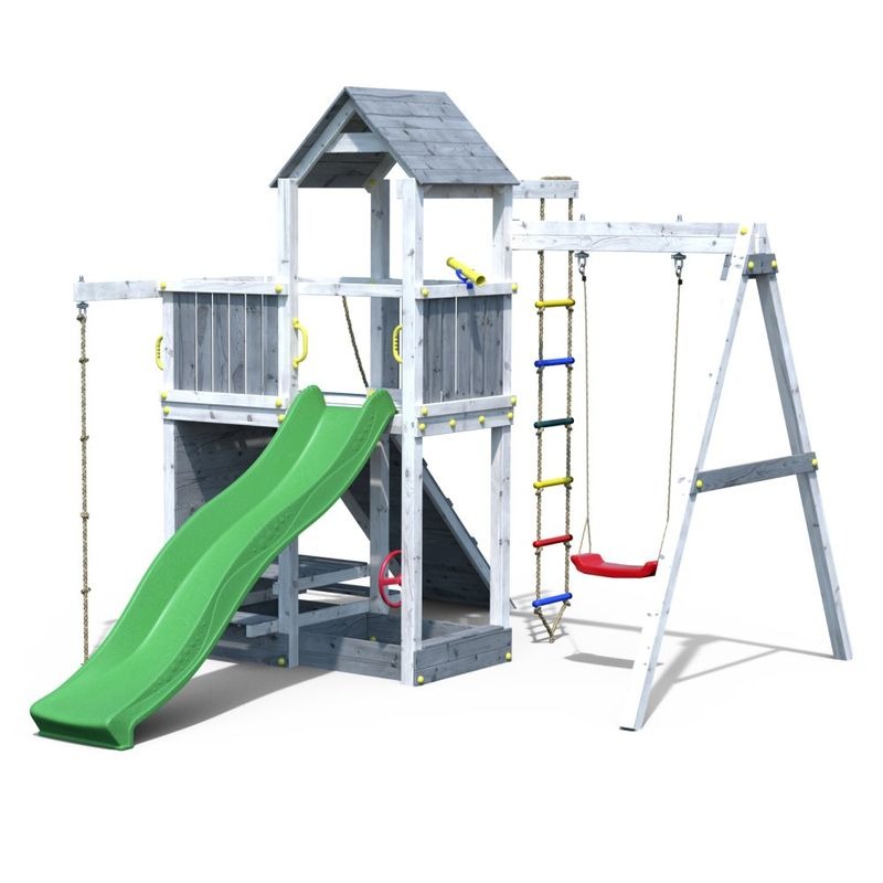 Loxley 13' x 9' Climbing Frame Tower With Swing & Slide - Grey & White | Sheds.co.uk
