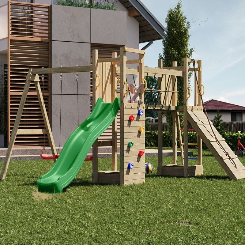 Loxley 17' x 13' Climbing Frame With Double Tower, Double Swing & Slide | Sheds.co.uk