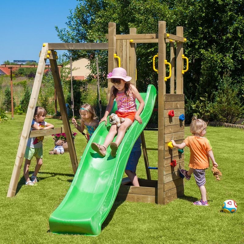 Loxley 9' x 6' Climbing Frame Rock Wall With Swing & Slide | Sheds.co.uk