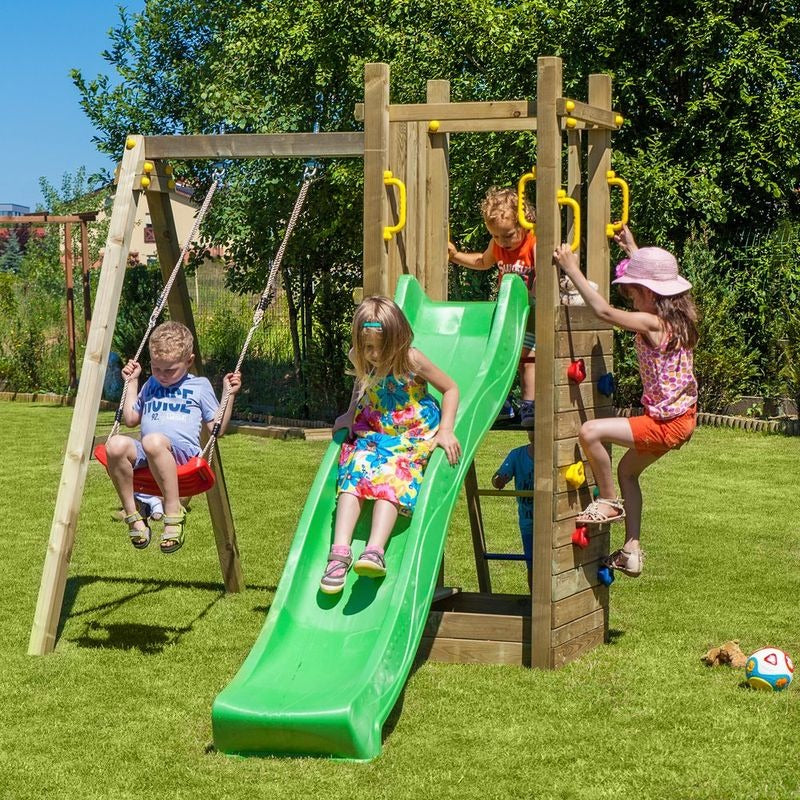 Loxley 9' x 6' Climbing Frame Rock Wall With Swing & Slide | Sheds.co.uk