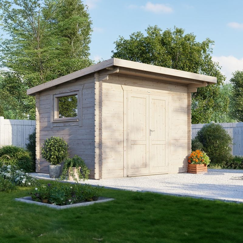 Powersheds 12' x 10' Pent Workshop Log Cabin - 28mm - Centre Door | Sheds.co.uk