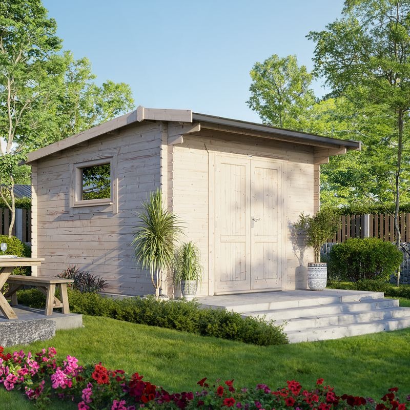 Powersheds 12' x 14' Apex Workshop Log Cabin - 28mm - Centre Door | Sheds.co.uk
