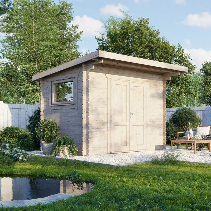 Powersheds 12' x 8' Pent Workshop Log Cabin - 28mm - Centre Door | Sheds.co.uk