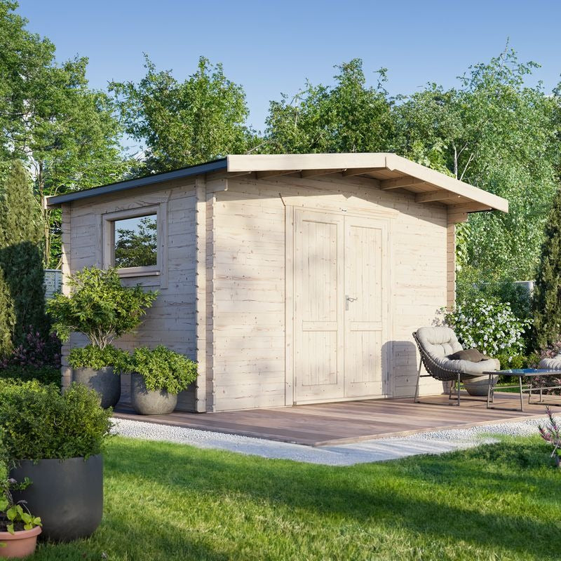 Powersheds 14' x 10' Chalet Workshop Log Cabin - 28mm - Centre Door | Sheds.co.uk