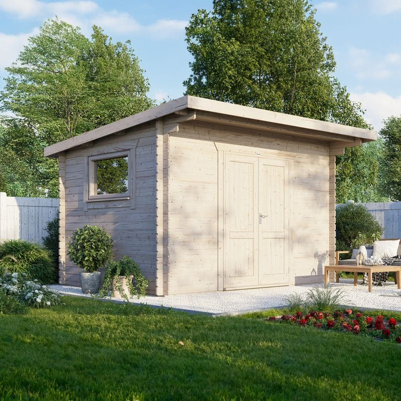 Powersheds 14' x 10' Pent Workshop Log Cabin - 28mm - Centre Door | Sheds.co.uk
