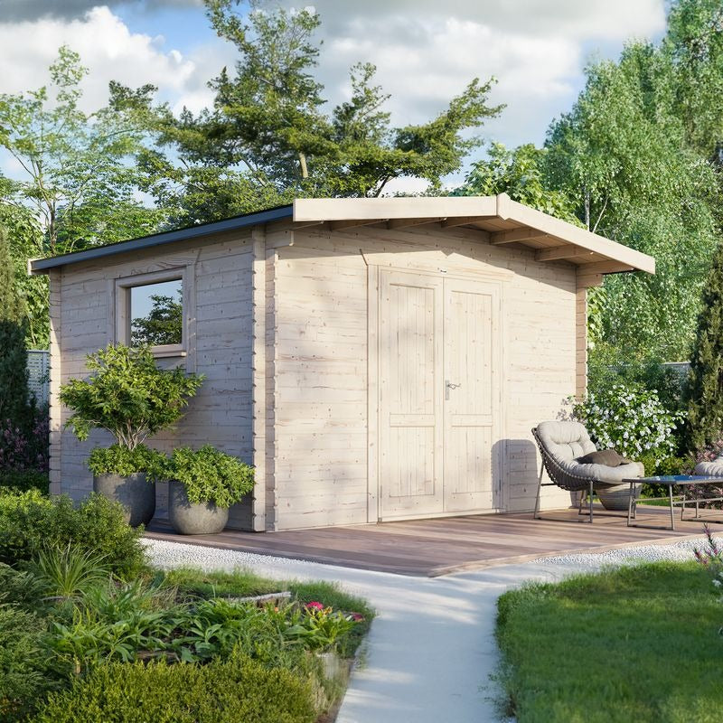 Powersheds 14' x 12' Chalet Workshop Log Cabin - 28mm - Centre Door | Sheds.co.uk