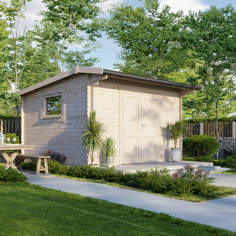 Powersheds 14' x 14' Apex Workshop Log Cabin - 28mm - Centre Door | Sheds.co.uk