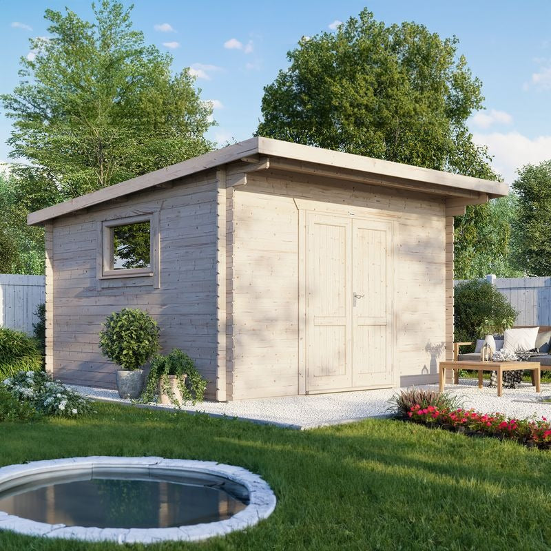 Powersheds 14' x 14' Pent Workshop Log Cabin - 28mm - Centre Door | Sheds.co.uk