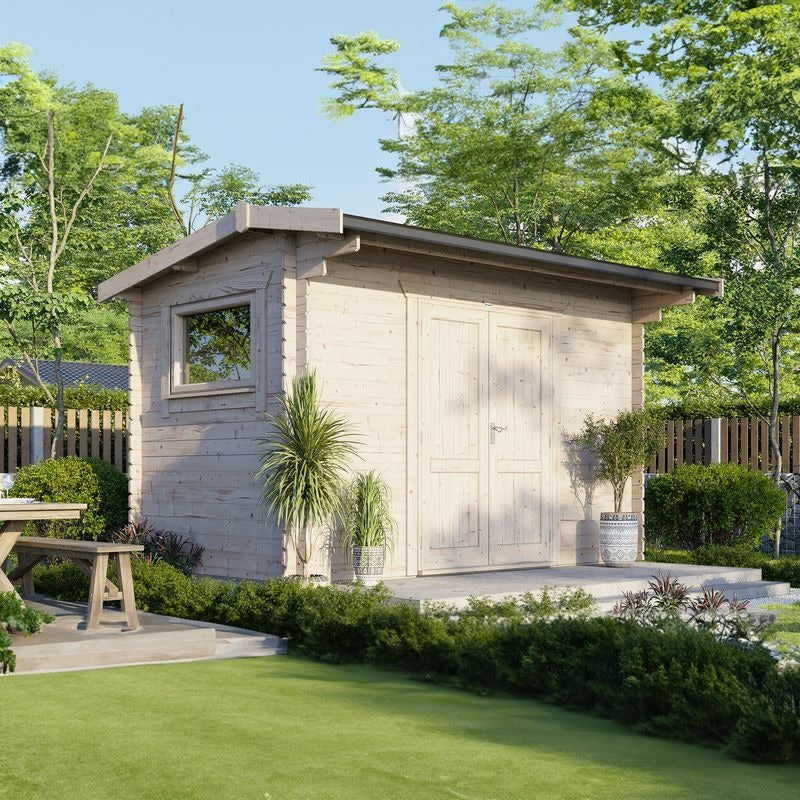 Powersheds 14' x 8' Apex Workshop Log Cabin - 28mm - Centre Door | Sheds.co.uk