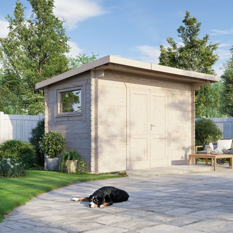 Powersheds 14' x 8' Pent Workshop Log Cabin - 28mm - Centre Door | Sheds.co.uk