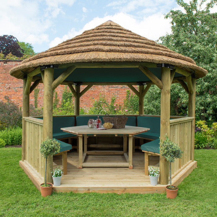 Hartwood 4m Premium Hexagonal Gazebo With Country Thatch Roof & Lining | Sheds.co.uk