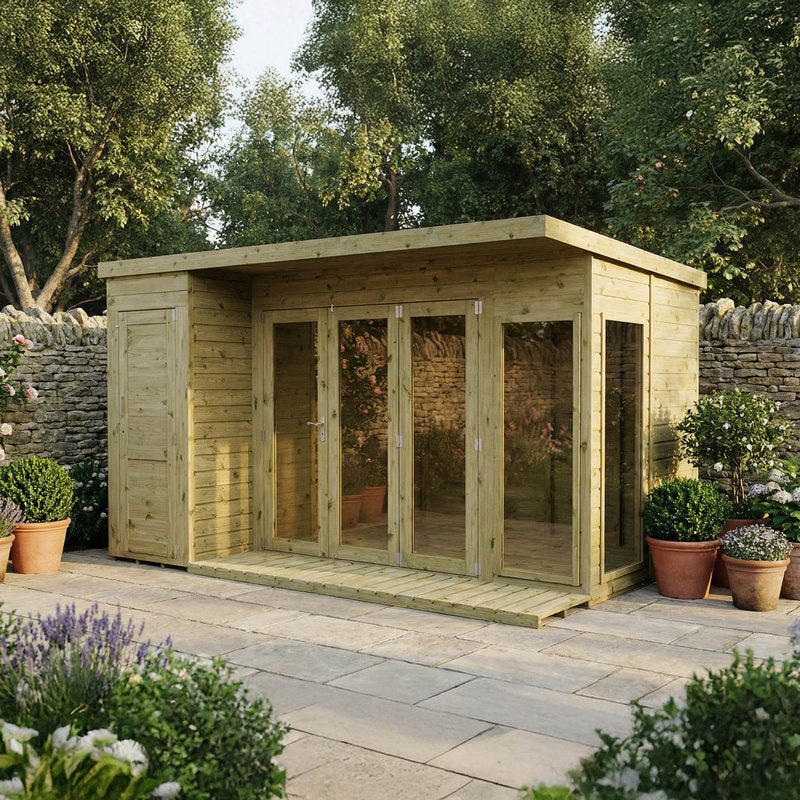Adley 12' x 8' Cambridge Summer House With Side Shed | Sheds.co.uk