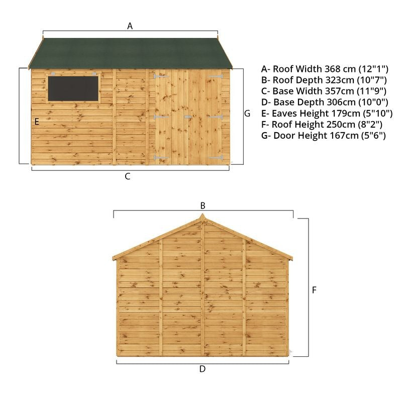 Adley 12' x 10' Premium Double Door Shiplap Modular Reverse Apex Workshop