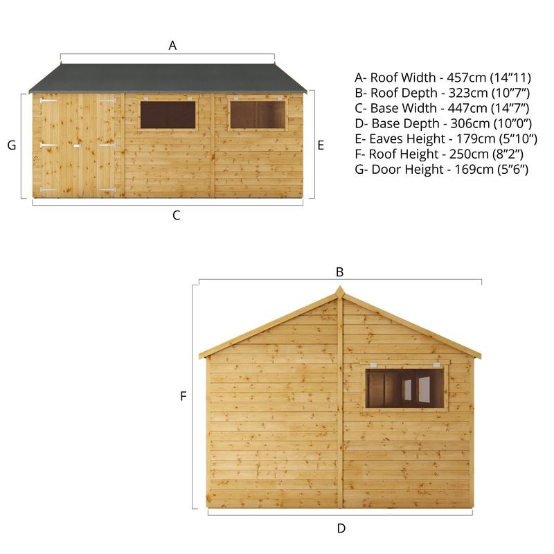 Adley 15' x 10' Premium Double Door Shiplap Modular Reverse Apex Workshop | Sheds.co.uk