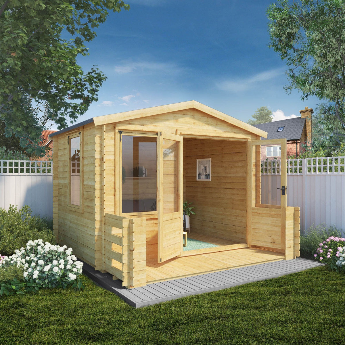 Adley 3.3m x 3.4m Newhaven Log Cabin with Veranda - 19mm | Sheds.co.uk