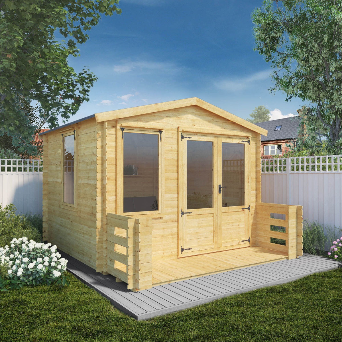 Adley 3.3m x 3.7m Newhaven Log Cabin with Veranda - 19mm | Sheds.co.uk