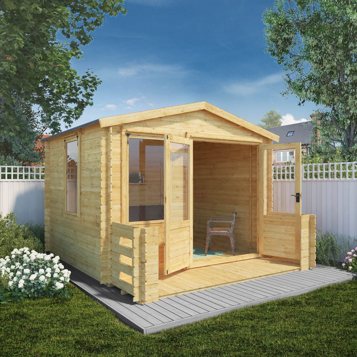Adley 3.3m x 3.7m Newhaven Log Cabin with Veranda - 19mm | Sheds.co.uk