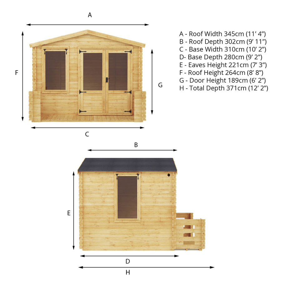 Adley 3.3m x 3.7m Newhaven Log Cabin with Veranda - 19mm