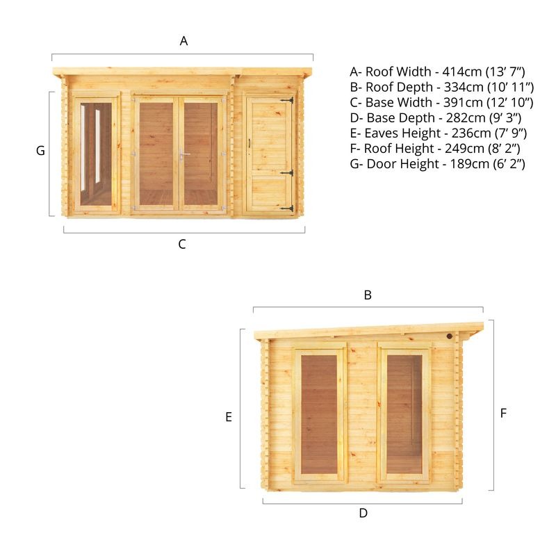 Adley 4.1m x 3m Alpha Pent Log Cabin With Side Shed - 28mm