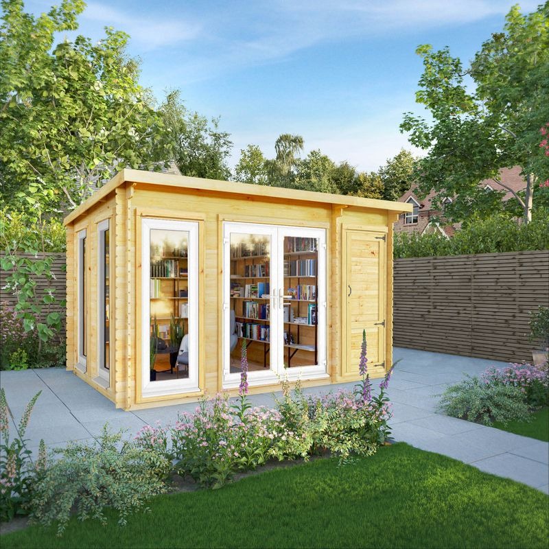 Adley 4.1m x 3m Alpha Pent Log Cabin With Side Shed - 44mm | Sheds.co.uk
