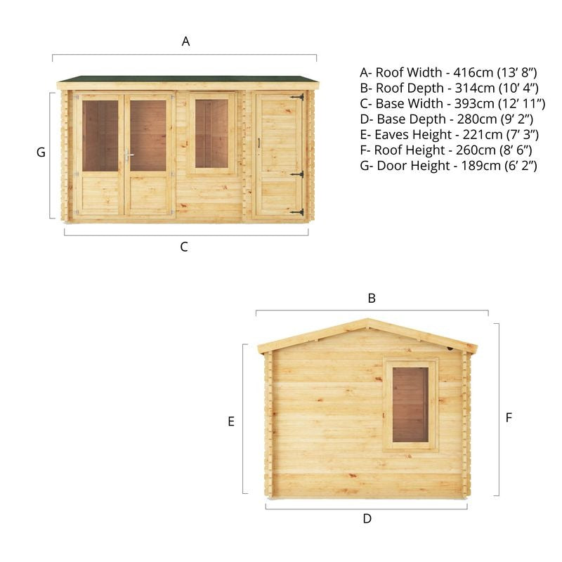 Adley 4.1m x 3m Delta Home Office Log Cabin With Side Shed - 28mm | Sheds.co.uk