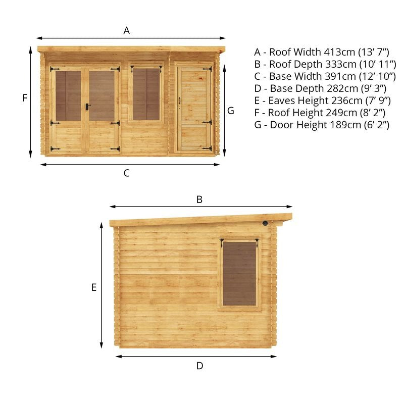 Adley 4.1m x 3m Hereford Log Cabin With Side Shed - 19mm