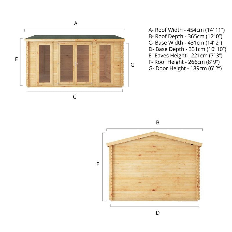 Adley 4.5m x 3.5m Bravo Home Office Log Cabin - 44mm